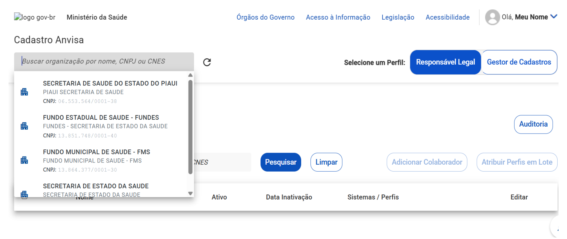 Seleção da organização no resultado
