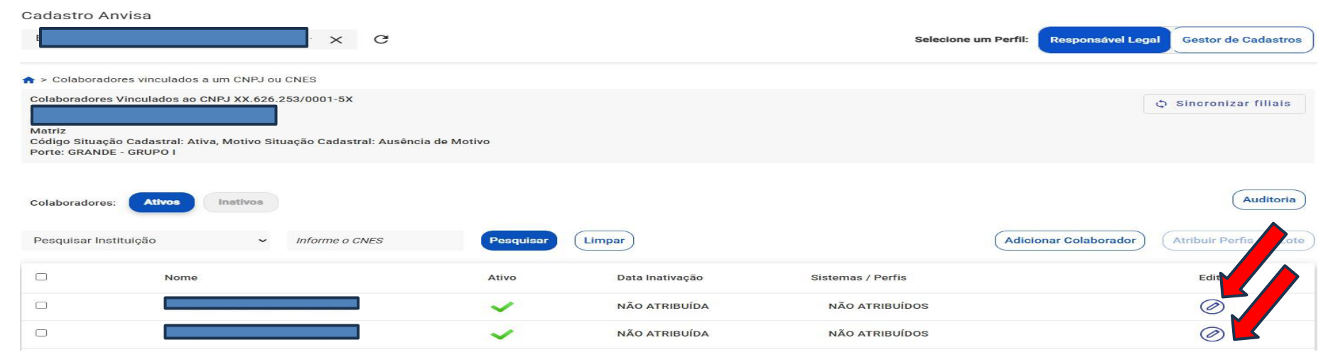Canetinha para editar os perfis do colaborador