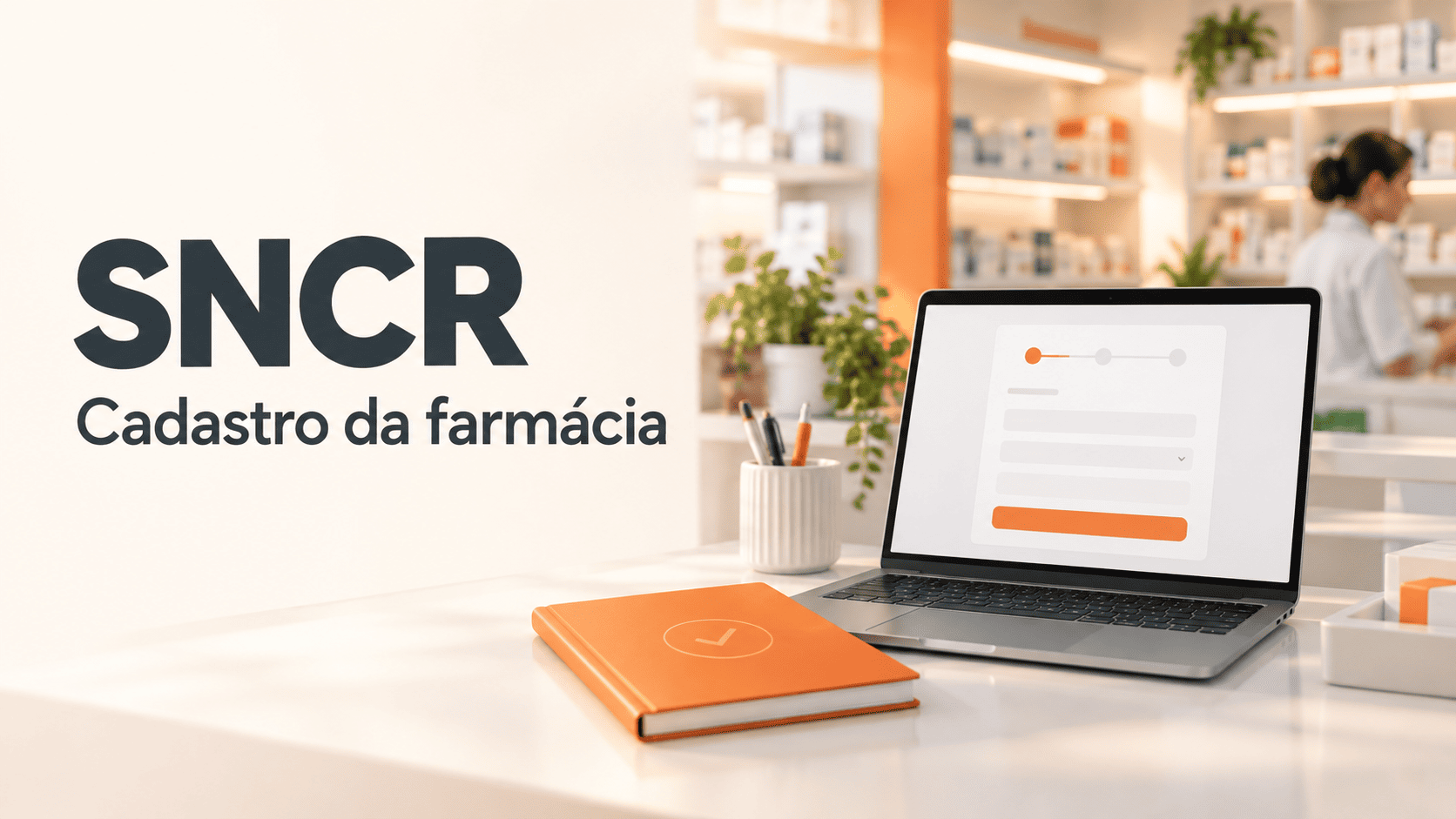 SNCR: cadastro da farmácia, com notebook e manual em ambiente farmacêutico