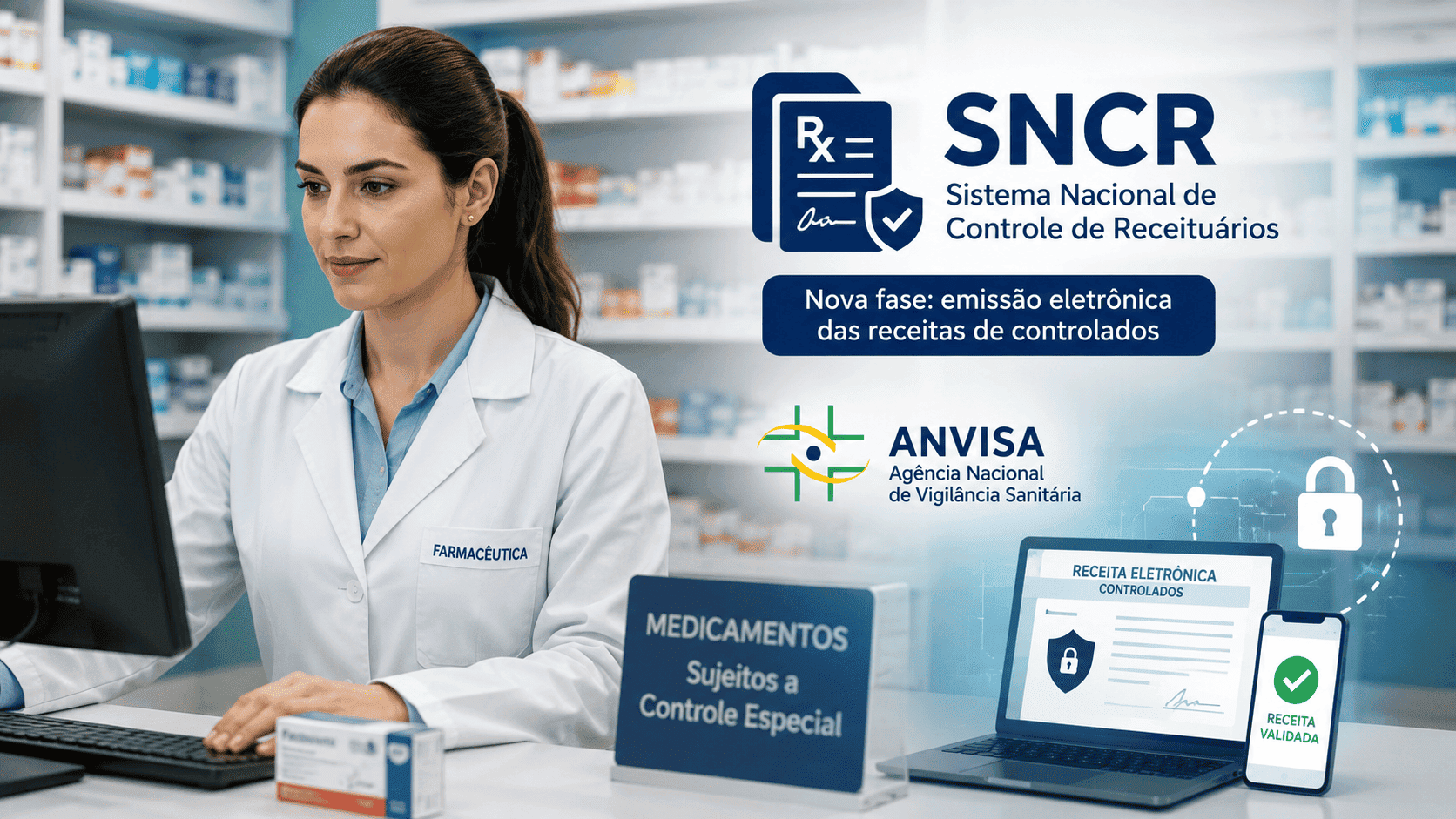 Farmacêutica utilizando sistema relacionado ao SNCR da Anvisa para controle de receitas